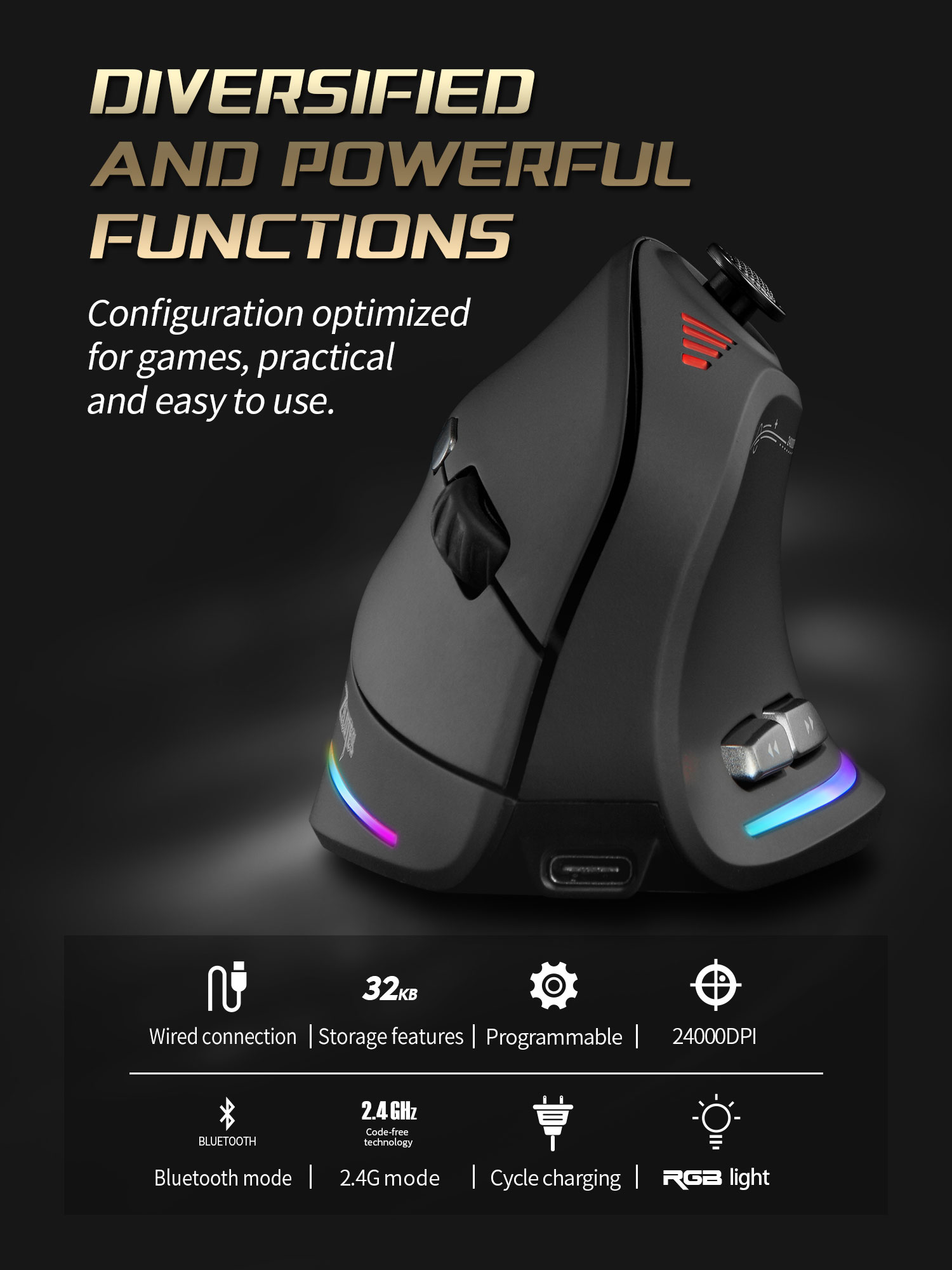 Jomaa RGB バックライト付きワイヤレス垂直マウスコン - Gaming Accessories のレビューと価格